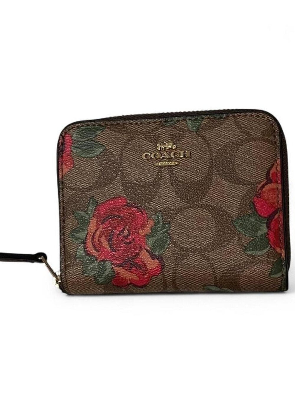 Coach Signature Canvas Red Floral Zip Wallet